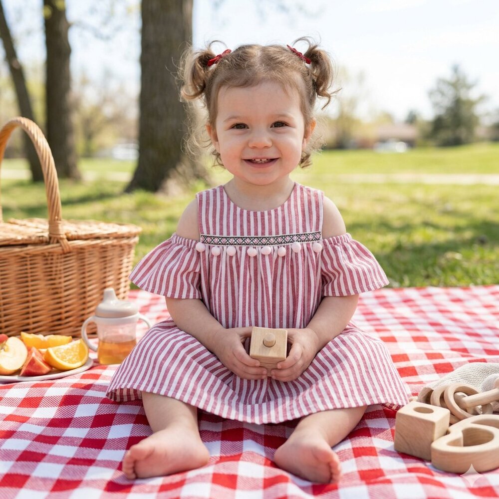 PIPPA & JULIE Red White Striped Cold Shoulder Pom Pom Dress 18 Months